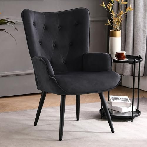 Furniliving Velvet Accent Chair Modern Upholstered Side Armchair with Tapered Legs Tufted Button Wingback Sofa Chairs Tall Back Reading for Living Room Bedroom Waiting Room, Black