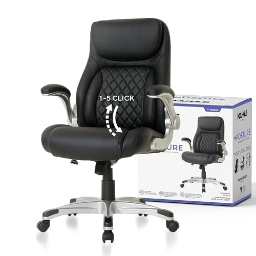 Nouhaus +Posture Ergonomic PU Leather Office Chair. Click5 Lumbar Support with FlipAdjust Armrests. Modern Executive Chair and Computer Desk Chair (Black)