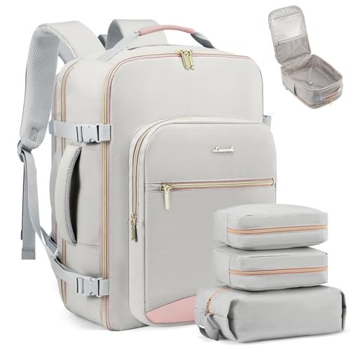 LOVEVOOK Carry on Travel Backpack, 40L Waterproof Large 17inch Laptop Luggage Daypack as Personal Item Flight Approved, Business Weekender Overnight with 3 Packing Cubes, Light gray-Pink