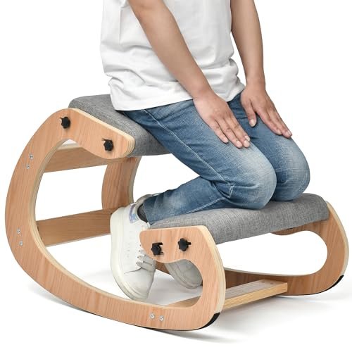 Kneeling Chair Ergonomic Posture Chair, Wood Adjustable Rocking Knee with Soft Padding, Natural Relief for Neck or Back Pain for Home Office, Max Load 300 lb