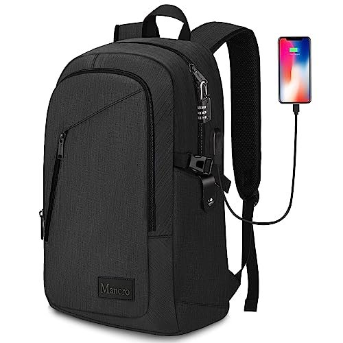 Mancro Business Travel Laptop Backpack, Anti Theft Slim Laptop Bag with USB Charging Port for Men and Women, Tech Computer Bag Fits 15.6 Inch Laptop and Notebook (Black)