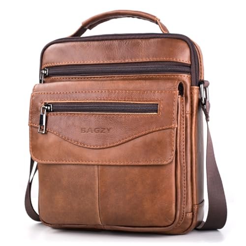 BAGZY Leather Shoulder Bag for Mens Handbag Crossbody Bag Large Sling Bags for 11 inch IPad Travel Business Messenger Bag with Adjustable Shoulder Strap Brown