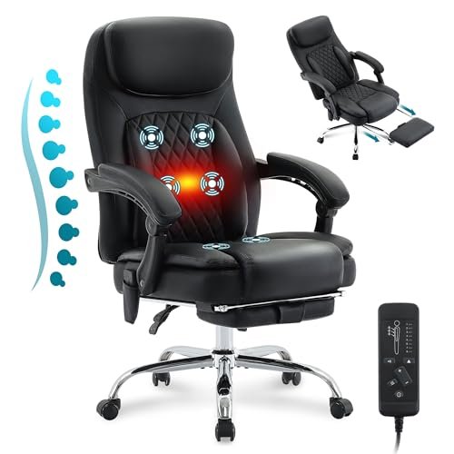 6-Point Massage Office Chair with Heated, Ergonomic Office Chair with Footrest & 45°Reclining High Back, Big and Tall Executive Office Chair 500LBS, Thick Cushion Desk Chair for Home Office, Black