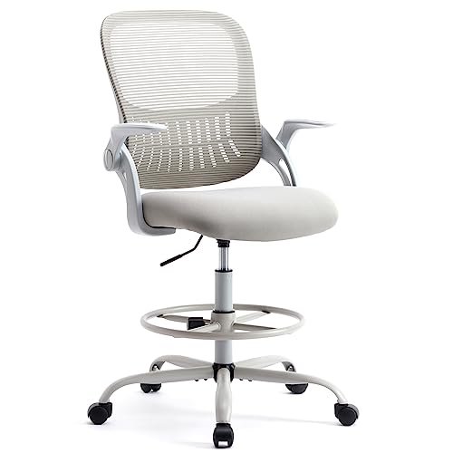 SMUG Drafting Chair for Standing Desk, Counter Height Adjustable, Flip-up Arms, Ergonomic Mid Back Mesh Rolling Work Swivel Office Computer Chairs with Wheels, Grey