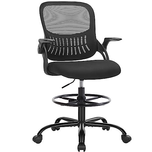 SMUG Drafting Chair for Standing Desk, Counter Height Adjustable, Flip-up Arms, Ergonomic Mid Back Mesh Rolling Work Swivel Office Computer Chairs with Wheels, Black