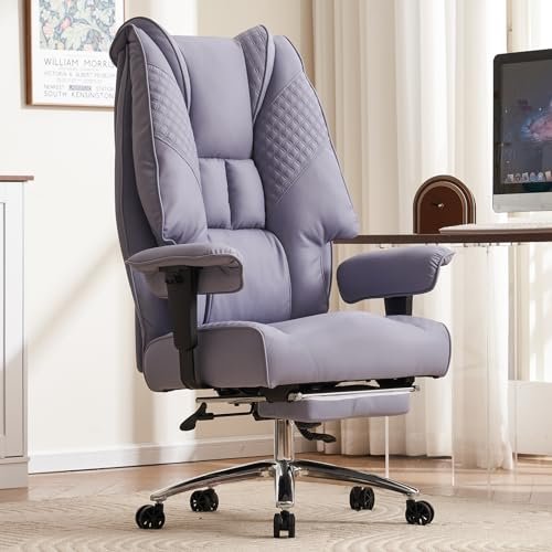 EXCEBET Big and Tall Office Chair 400lbs Wide Seat, Leather High Back Executive Office Chair with Foot Rest, Ergonomic Office Chair Lumbar Support for Lower Back Pain Relief (Light Purple)