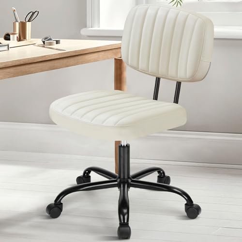 DUMOS Armless Home Office Desk Chair -Small Ergonomic with Low Back Lumbar Support, Height Adjustable PU Leather Computer Task with 360° Swivel Rolling Wheels, for Small Space, Beige White