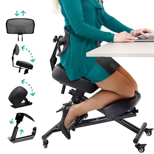 Kneeling Ergonomic Office Chair – Fully Adjustable Desk Chair, Back Pain & Neck Pain Relief. Extra Thick Cushions, Gas Lift, Metal Frame, Ankle & Back Support, Easy Assembly (Black)