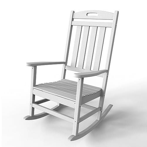 POLYDUN Outdoor Rocking Chair, Looks Like Wood, High Back Poly Lumber Patio Rocker Chair, 365Lbs Support, All-Weather Porch Rocking Chair for Lawn, Backyard, Indoor, Garden, White