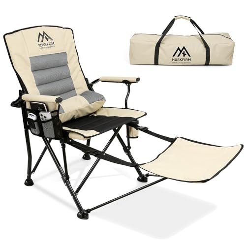 Huskfirm Folding Camping Chairs Adjustable Backrest Camp Chair with Detachable Footrest Support 400 LBS Oversized Reclining Lawn Chair with Lumbar High Back 160 Degrees Padded Beach Chairs for Adults