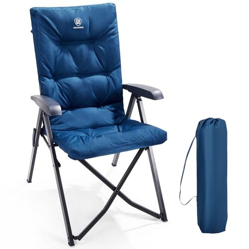 EVER ADVANCED Folding Padded Camping Chair 4 Positon Adjustable Recliner with High Back Support Portable for Adults, 300lbs Weight Capacity, Blue