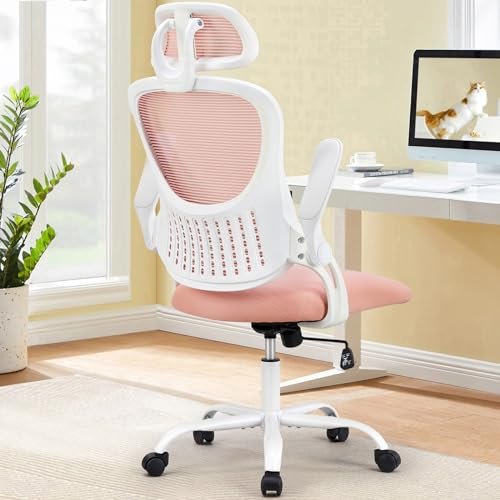 Best Desk Chair for Scoliosis: Top Picks for Ultimate Comfort 9 Sweetcrispy Office Computer Desk Chair, Ergonomic High-Back Mesh Rolling Work Chairs with Wheels and Adjustable Headrests, Comfortable Lumbar Support, Comfy Flip-up Arms for Home,Bedroom,Study, Pink