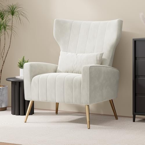 Nebuaegis Velvet Accent Chair Wingback for Living Room, High Back Arm Chair with Golden Legs Lumbar Pillow, Upholstered Single Sofa Bedroom Beige