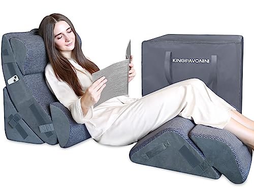 KingPavonini 6PCS Orthopedic Bed Wedge Pillow for Sleeping, Post Surgery Memory Foam for Back, Neck, Leg Support, Acid Reflux, Gerd with Travel Bag (Gray, 20'')