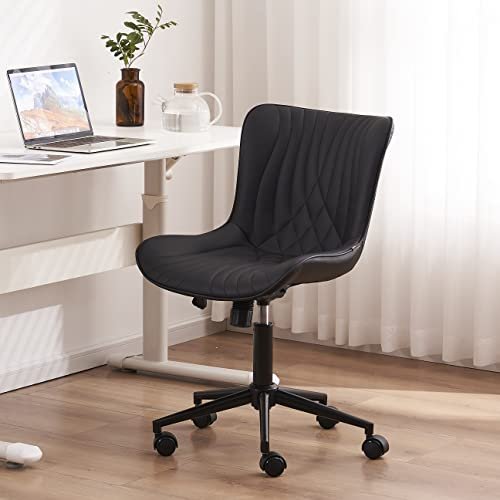 YOUTASTE Office Chair Modern Armless Desk Chair with Wheels, Adjustable Swivel Rolling Computer Task Chair, Faux Leather Sewing Chairs, Ergonomics Rocking Home Gaming Lounge Vanity Chairs, Black