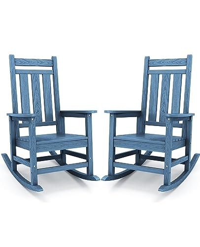 KINGYES Outdoor Patio Rocking Chair Set of 2, Weather Resistant Oversized Porch Rocker, High Back Outdoor Rocking Chair for Adult, Outdoor Rocker with 330Lbs Support(Plum Rocker)- Blue