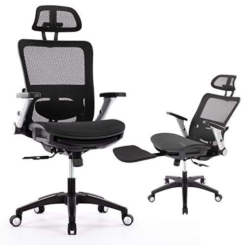 COLAMY Ergonomic Mesh Office Chair with Footrest, High Back Computer Executive Desk Chair with Headrest and 4D Flip-up Armrests, Adjustable Tilt Lock and Lumbar Support-Black