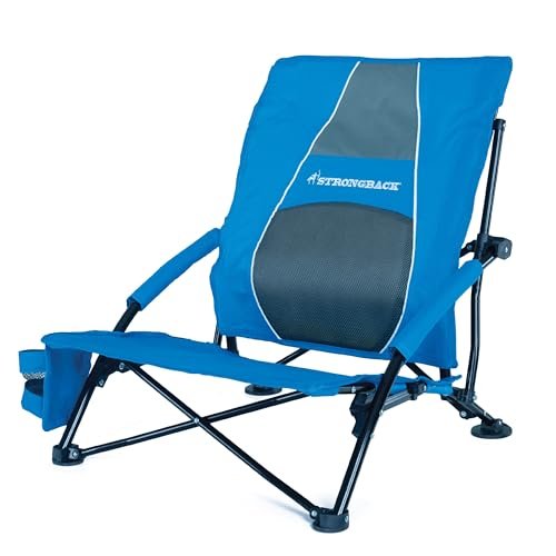 STRONGBACK Low Gravity Beach Chair with Built-in Lumbar Back Support - Heavy Duty Portable Folding Beach Chair for Adults - Blue