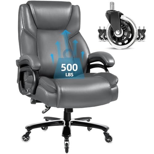 VITESSE 500lbs Heavy Duty Office Chair for Low Back Pain Relief, Big and Tall Office Chair with Ergonomic Lumbar Support, High Back Executive Chair with Quiet Rubber Wheel（Grey）