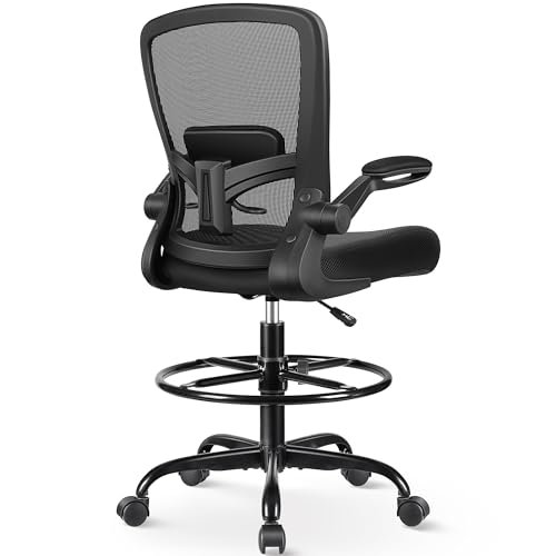 FelixKing Drafting Chair Ergonomic Tall Office Chair, Breathable Mesh Chair with Adjustable Footrest Ring Lumbar Support Flip-up Armrests, High Back Executive Comfy Task Computer Chair for Home Office