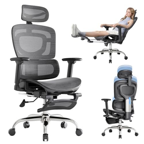 Ergonomic Office Chair, Breathable Mesh with Adaptive Lumbar Support, 3D Headrest, Armrests, Retractable Footrest, and a Six-Position Adjustable Backrest, Black