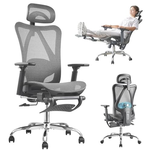 DFLIVE Ergonomic Office Chair, SGS Certified Class 4 Gas Cylinder, 400 LBS Capacity, Retractable Footrest, Adjustable Lumbar Support, Breathable Mesh（Grey）