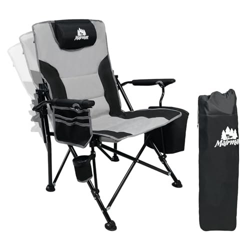 MAIRMAN Camping Chairs Adjustable Backrest, Supports up to 350lbs Lawn Chair, Folding Chairs with Cup Holder, Cooler Bag, Removable Pillow, for Camping, Fishing, RV Trip (Grey & Black)