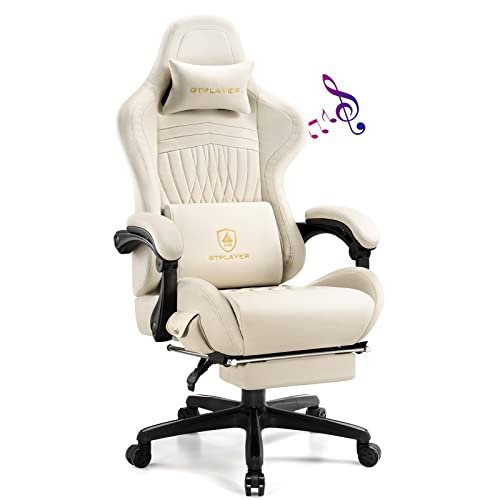 GTPLAYER Gaming Chair, Computer Chair with Footrest and Bluetooth Speakers, High Back Ergonomic Gaming Chair, Reclining Gaming Chair with Linkage Armrests for Adults by GTRacing (Leather, Ivory)