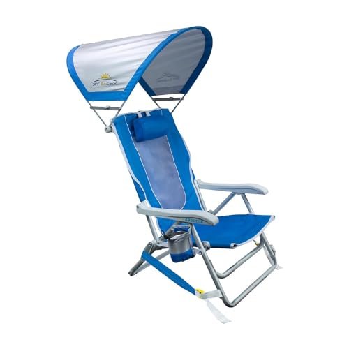 GCI Outdoor Sunshade Backpack Beach Chair | Reclining Folding Canopy Chair with Durable Armrests, Drink Holder & Carry Straps, Perfect for Beach Trips & Picnics — Saybrook Blue