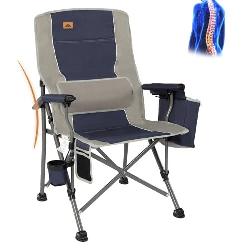 Ablazer Camping Chairs with Lumbar Support, Comfy Camping Chairs for Adults, Lawn Chairs Heavy Duty with Cooler Bag & Cup Holder, Support 350 LBS (Blue & Grey)