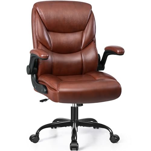 FelixKing Leather Office Chair, Small PU Ergonomic Desk Chair, Comfy Computer Chair with Wheels and Flip-up Armrests, Adjustable Height Mid Back Executive Office Chair for Short People-Brown