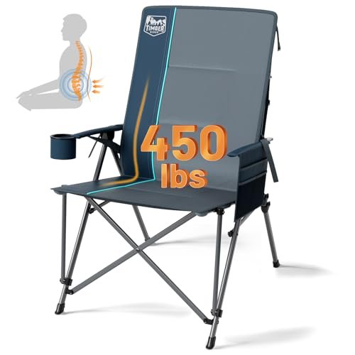 TIMBER RIDGE Oversized Camping Chair with Lumbar Support, Portable Folding Chair Heavy Duty for Adults Supports 450 LBS for Outdoor Camping, Lawn, with High Back, Cup Holder, Side Pocket - Blue