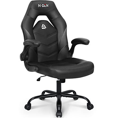 N-GEN Video Gaming Computer Chair Ergonomic Desk Office Chair for Adults with Lumbar Support Flip-Up Arms Adjustable Height Swivel Wheels PU Leather Executive Design for Home and Office (Black)