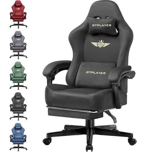 GTPLAYER Gaming Chair Fabric with Pocket Spring Cushion, Big and Tall Gaming Chair 350LBS High Back Computer Chair with Footrest for Adults Lumbar Support Swivel Game Chair for Office Light Black