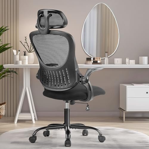 SMUG Home Office Desk Chair, Ergonomic Computer Managerial Executive Chairs High-Back Work Swivel Task Chairs with Wheels, Lumbar Support, Comfy Flip-up Armrest for Gaming, Study, Student, Black