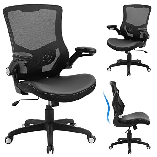 Office Chair Ergonomic Desk Chair, Computer PU Leather Home Office Desk Chair, Mesh Adjustable Lumbar Support Flip-up Armrests Executive Task Chair