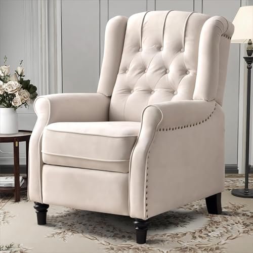 EBELLO Pushback Recliner Chair, Fabric Armchair Push Back Recliner with Rivet Decoration, Mid Century Wingback Accent Chair for Living Room, Bedroom, Beige