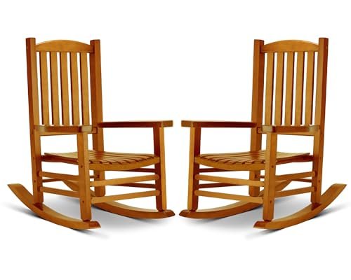 Hupmad Wooden Rocking Chair Rocker Outdoor Oversized Porch Rocker Chair,Patio Wooden Rocker with High Back and Armrest,All Weather Rocker Slatted for Backyard,Garden,400 lbs Support,Natural, Set of 2