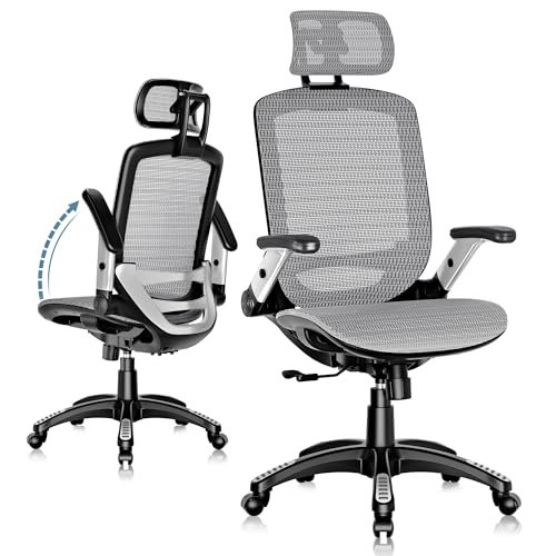 GABRYLLY Ergonomic Office Chair, High Back Home Desk Chair with Headrest, Flip-Up Arms, 90-120° Tilt Lock and Wide Cushion, Big and Tall Mesh Chairs for Man Woman, Grey Task Chair