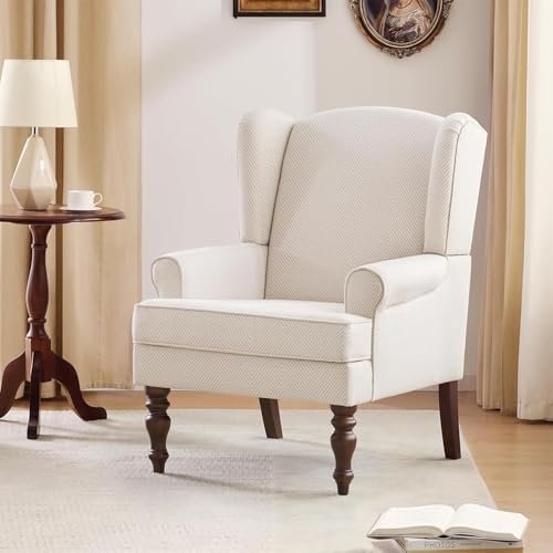 HUIMO Living Room Chair Upholstered High Back Armchair Retro Printed Wingback Chair in Linen for Bedroom & Study Comfy Accent Sofa Chair Reading Chair Holds 300lbs (Tan with Lines)