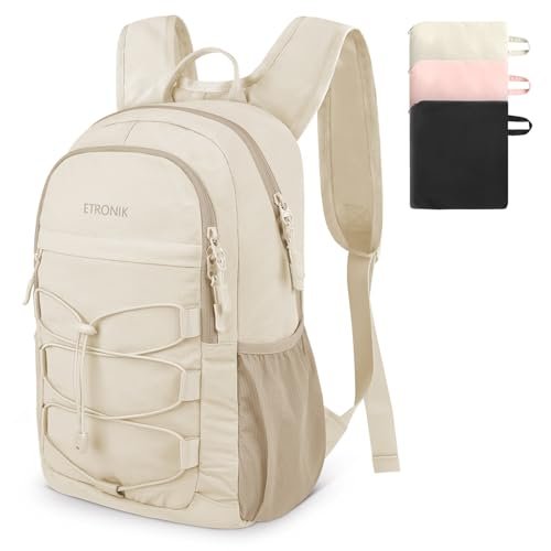 ETRONIK Hiking Backpack for Women Men, 15L Packable Small Backpack for Travel Trip, Lightweight Foldable Mini Backpack & Water Resistant Daypack for Hiking, Walking, Camping, Cycling, Beige