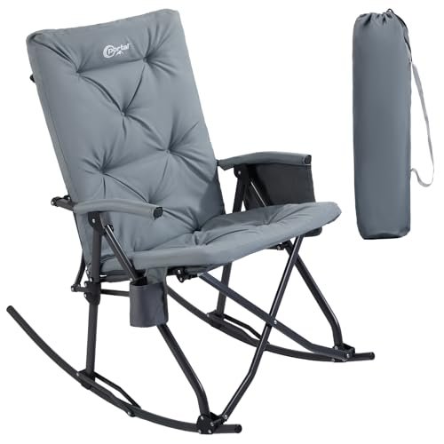 PORTAL Folding Rocking Chair Indoor & Outdoor Thick Padded Rocking Recliner Chair Portable Camping Rocker for Patio Front Porch Backyard Lawn Living Room, Supports 400 LBS, Grey