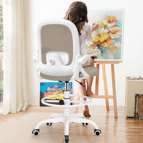 AtHope Drafting Chair, Tall Office Chair Ergonomic Standing Desk Chair,with Adjustable Footrest Ring, 3D Lumbar Support, Flip-up Armrests, Swivel Desk Stool for Drawing Working (Khaki)