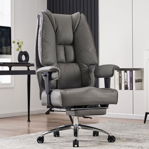 EXCEBET Big and Tall Office Chair 400lbs Wide Seat, Leather High Back Executive Office Chair with Foot Rest, Ergonomic Office Chair Lumbar Support for Lower Back Pain Relief (Grey)