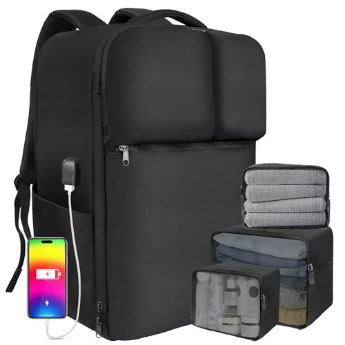 DEVONWIDE Extra Large 50L Travel Backpack Carry On Flight Approved, Luggage Backpack with Shoes Pouch, Suitcase Backpacks With 3 Packing Cubes, Personal Item Travel Bag, Black