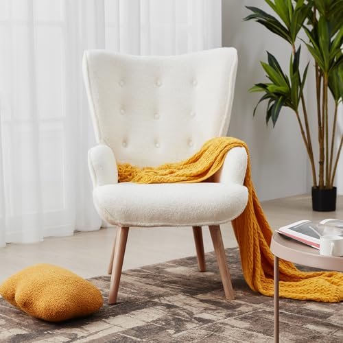 PrimeZone High Back Accent Chair - Large Mid-Century Modern Living Room Chair Reading Chair with Comfy Memory Foam Seat Cushion, Teddy Fleece Wingback Armchair for Bedroom, Corner, White