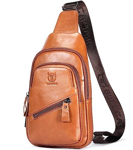 BULLCAPTAIN Leather Sling Bag for Men Crossbody Backpack with USB Charging Port Casual Daypack for Hiking Shoulder & Chest Bag Purse (Brown)