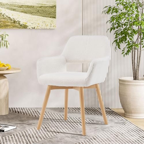 Best Desk Chair for Living Room: Elevate Comfort and Style 4 YEEFY Desk Chair No Wheels Vanity Chair Makeup Chair Comfy Accent Chair for Living Dining Room Bedroom Home Office Mid Century Modern Upholstered Arm Chair Sofa Chair with Wood Legs (Wool White, 1)