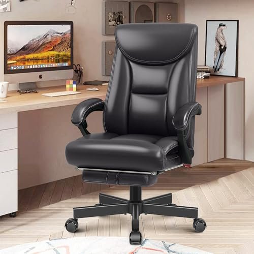 BestEra Ergonomic Office Chair, Big and Tall Executive Home Office Desk Chair, Shiny Leather Swivel Computer Chair with High Back, Wheels, Lumbar Support, Footrest（Glossy Black）