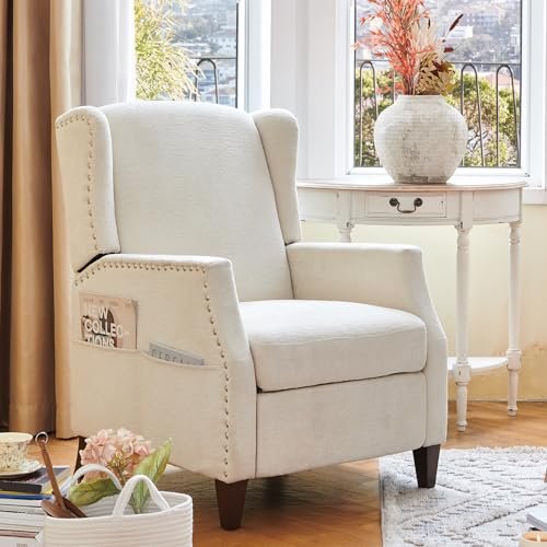 COLAMY Wingback Pushback Recliner Chair with Storage Pocket, Upholstered Fabric Living Room Chair Armchair with Wood Legs and Nailhead Trim, Beige